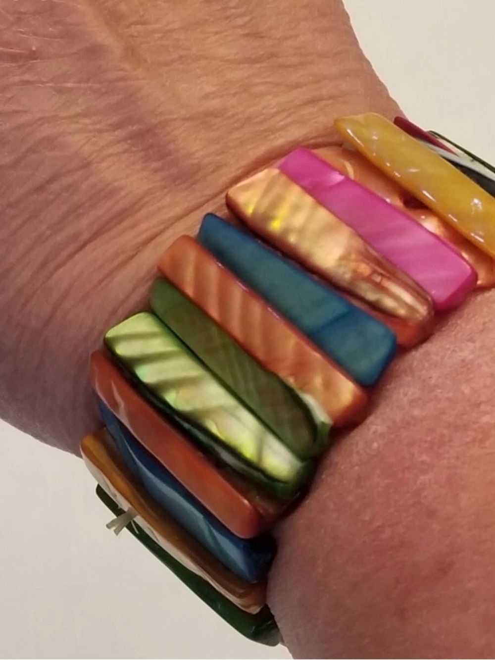Multicolor Abalone Shell Tile Stretch Bracelet - Vibrant Rainbow
